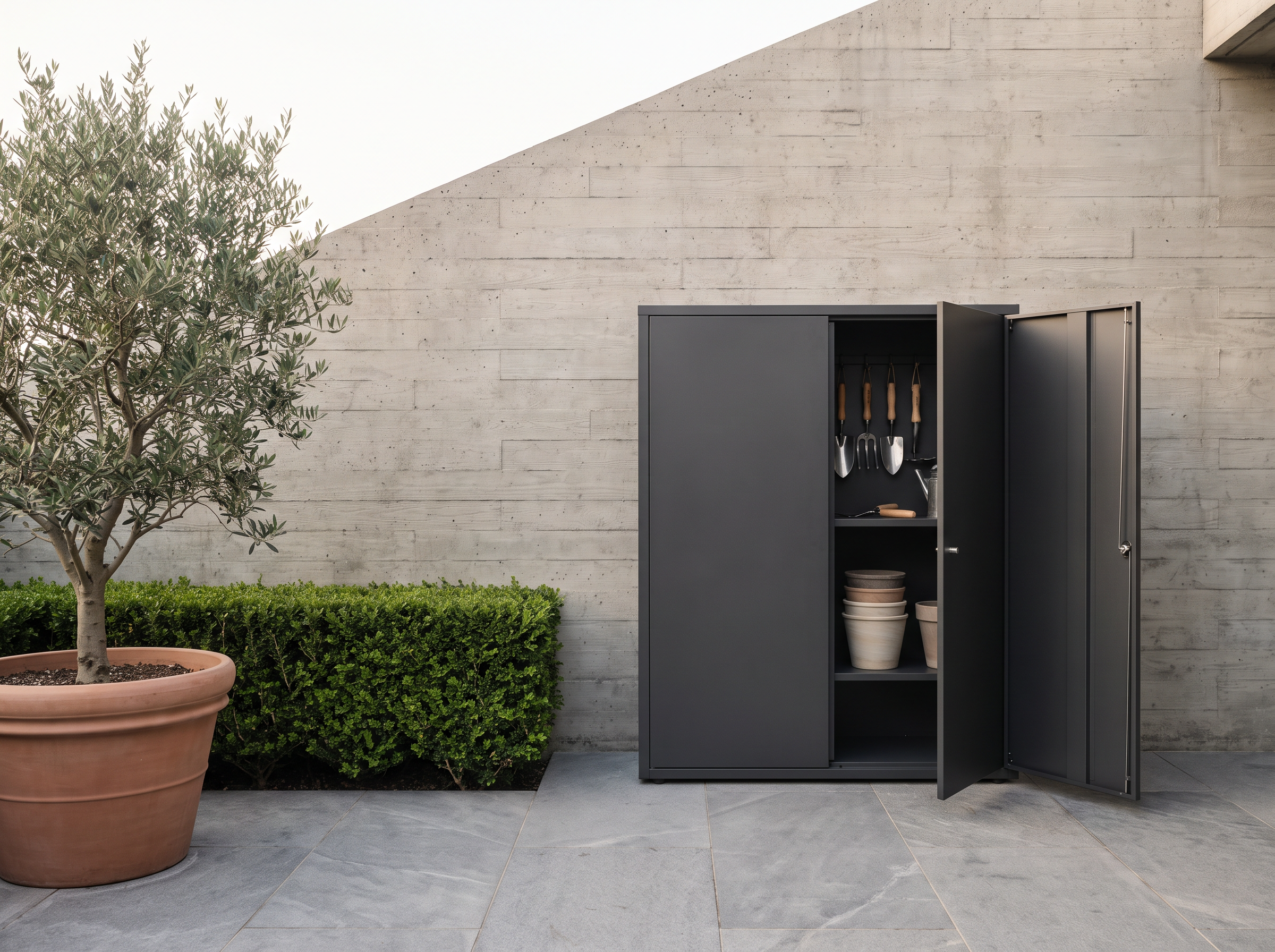 Outdoor garden storage cabinet against a concrete wall on a Hong Kong garden terrace