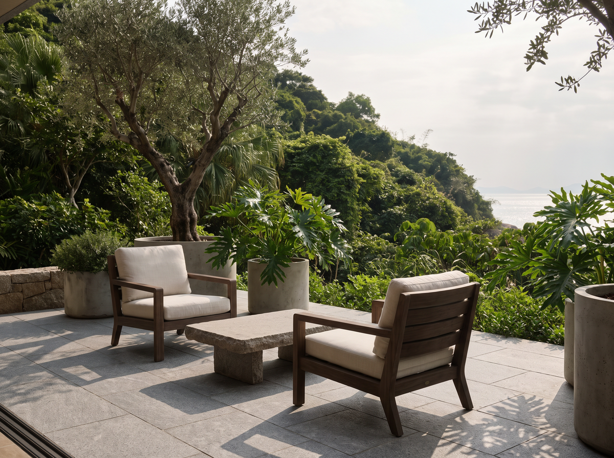 Teak lounge chairs and mature olive tree on a Hong Kong garden terrace