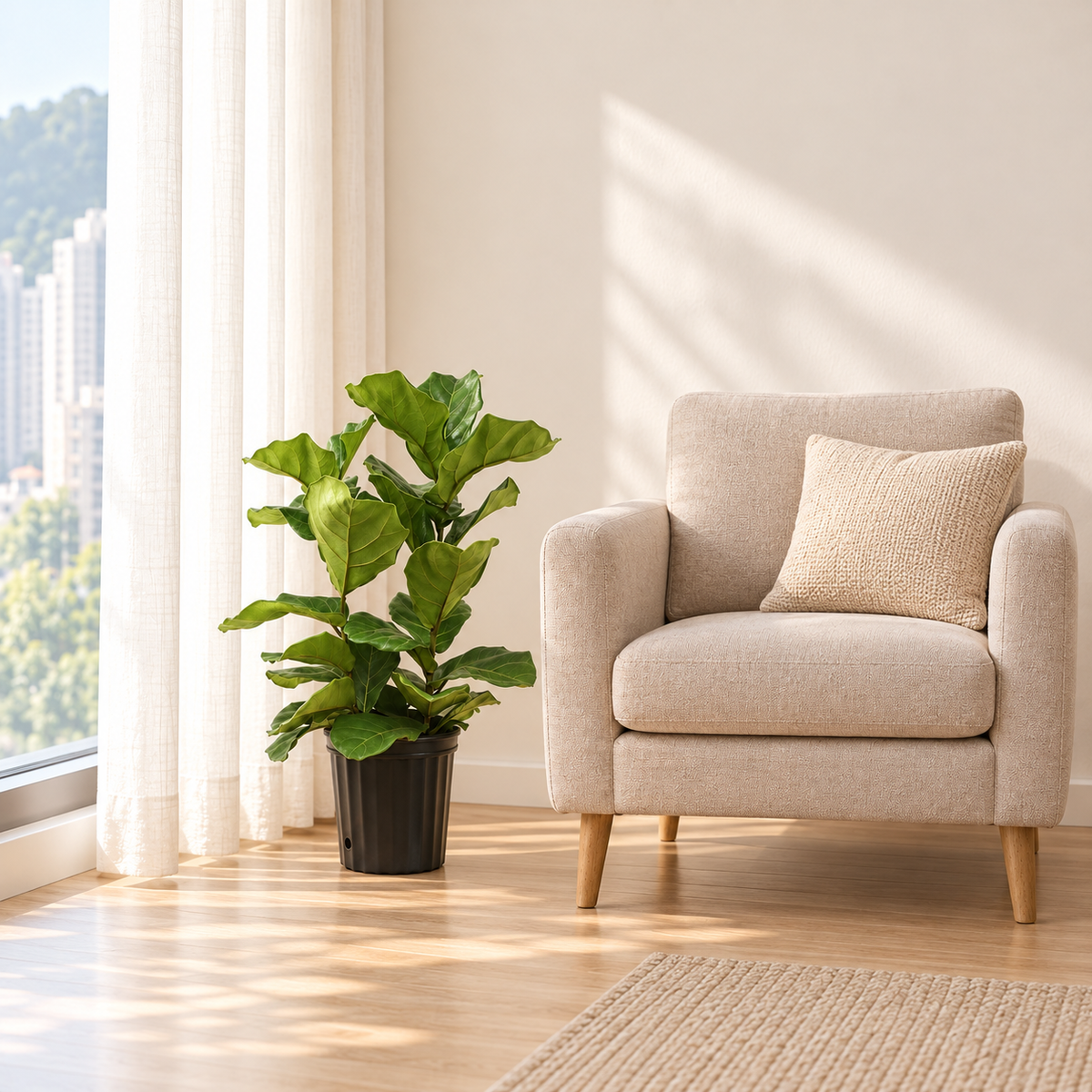 Compact fiddle-leaf fig beside a reading chair
