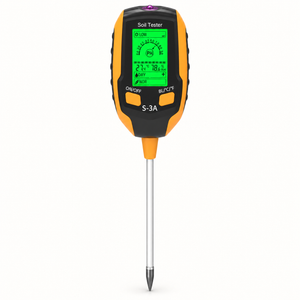 S-3A digital soil tester with a green LCD display, yellow grips and a metal probe on a white background
