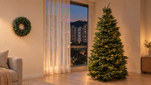 Fresh-cut Noble Fir with optional warm-white lights and a Fresh Noble Fir wreath in a living room