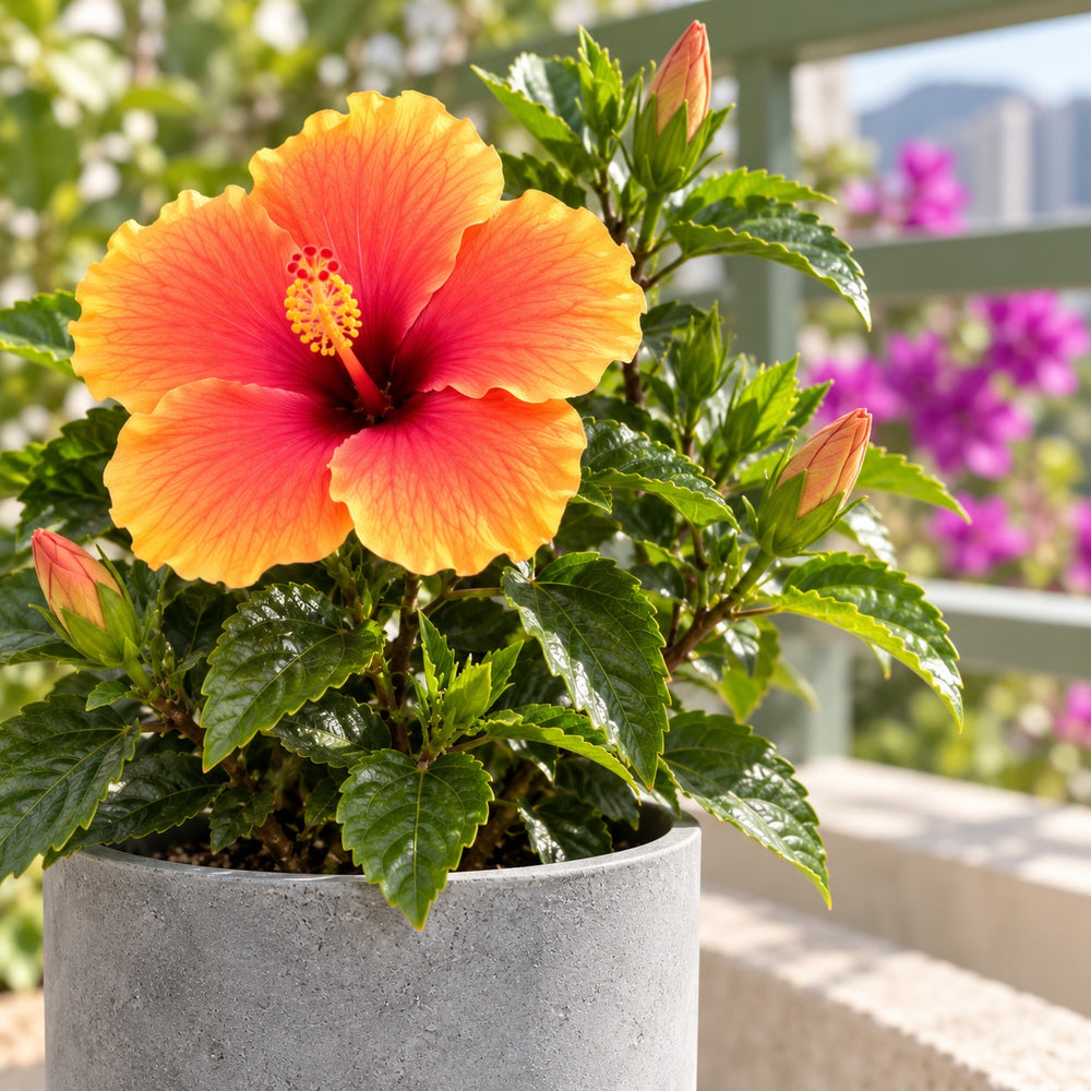 Coral Sunset hibiscus petals, buds and foliage