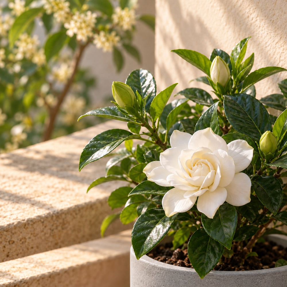 Gardenia flower and buds in gentle morning light