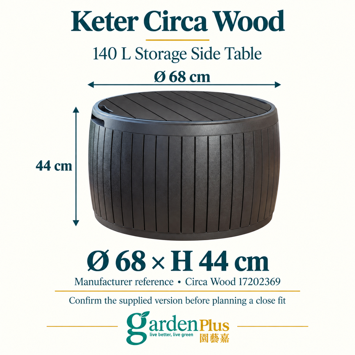 Garden Plus — Keter Circa Wood 17202369 manufacturer reference: diameter 68 × height 44 cm. Confirm supplied version for a close fit.