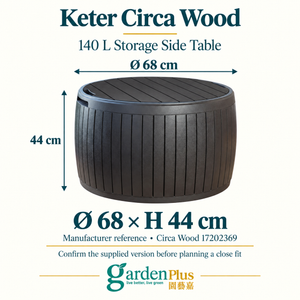 Garden Plus — Keter Circa Wood 17202369 manufacturer reference: diameter 68 × height 44 cm. Confirm supplied version for a close fit.