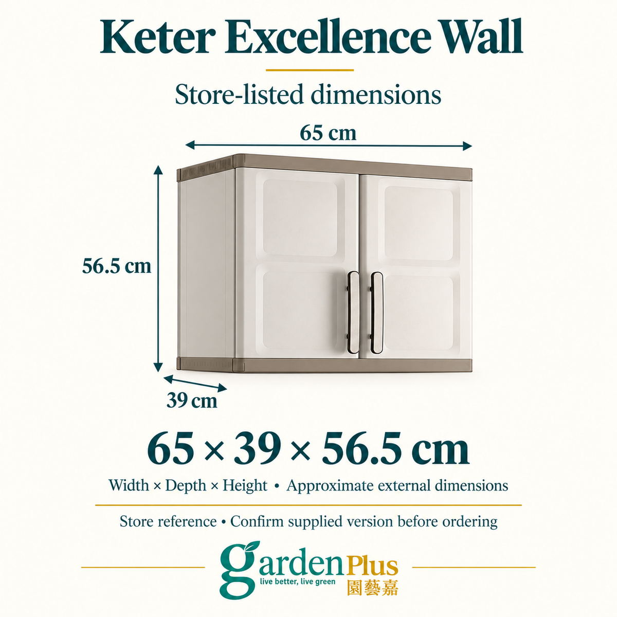 Keter Excellence Wall Storage Cupboard — Garden Plus dimension guide. W × D × H: 65 × 39 × 56.5 cm