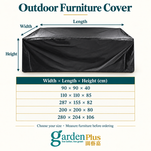 Heavy-Duty Outdoor Furniture Cover — Garden Plus dimension guide. 5 sizes; select below