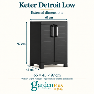 Keter Detroit Low Utility Cabinet — Garden Plus dimension guide. W × D × H: 65 × 45 × 97 cm