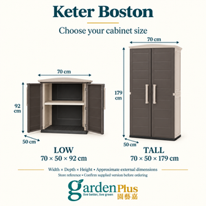 Keter Boston Low & Tall Storage Cabinets — Garden Plus dimension guide. W × D × H: 70 × 50 × 92 / 179 cm
