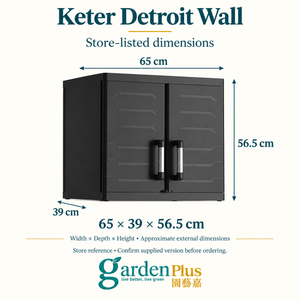 Keter Detroit Wall Storage Cupboard — Garden Plus dimension guide. W × D × H: 65 × 39 × 56.5 cm