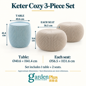 Keter Cozy 3-Piece Storage Table & Seat Set — Garden Plus dimension guide. W × D × H: Table: 40.6 × 40.6 × 41.4 cm; see each seat size below