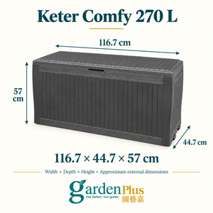 Keter Comfy 270 L Outdoor Storage Box — Garden Plus dimension guide. W × D × H: 116.7 × 44.7 × 57 cm