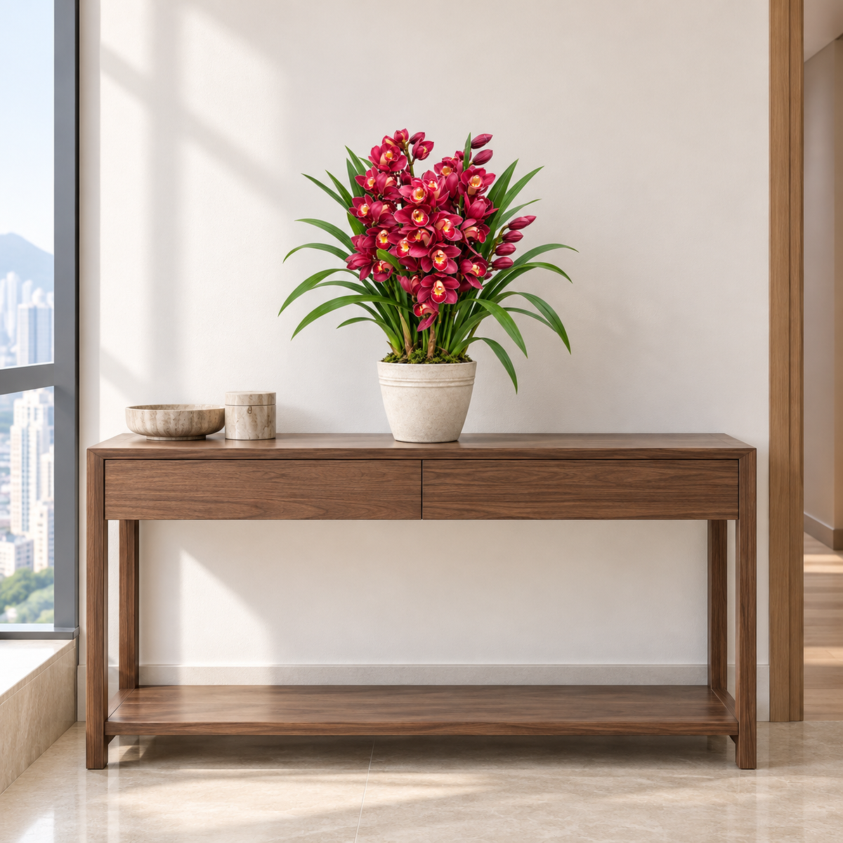 Cymbidium · Dahongpao in a simply furnished room