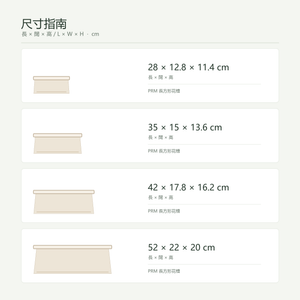 PRM planter dimensions: 28 x 12.8 x 11.4, 35 x 15 x 13.6, 42 x 17.8 x 16.2, and 52 x 22 x 20 cm