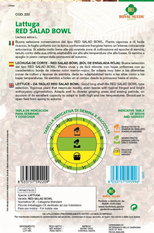 Lettuce Cutting Red Salad Bowl - Royal Seed RYMO78/25 - COD.220 Garden Plus