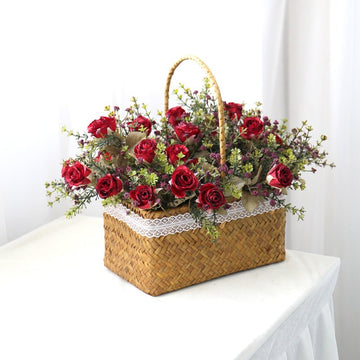 Arifical Rose Red Portable Flower Rattan Basket Table Decoration Piece Garden Plus