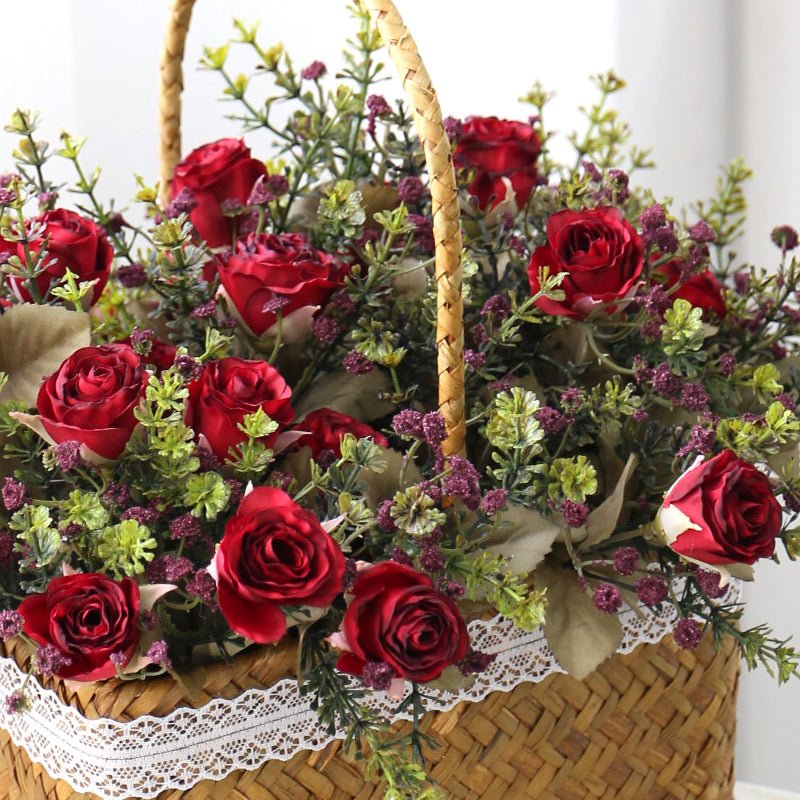 Arifical Rose Red Portable Flower Rattan Basket Table Decoration Piece Garden Plus