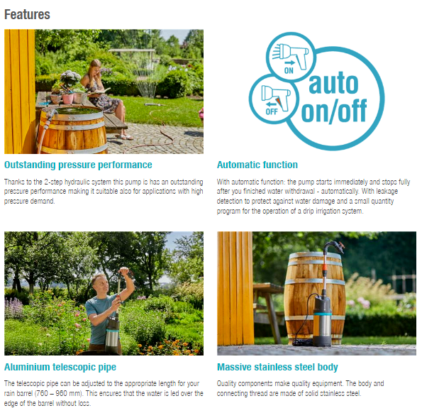 Gardena Rain Water Tank Pump 4700/2 inox automatic Garden Plus