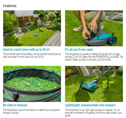 Gardena Battery Lawnmower HandyMower 22/18V P4A Ready-To-Use Set Garden Plus