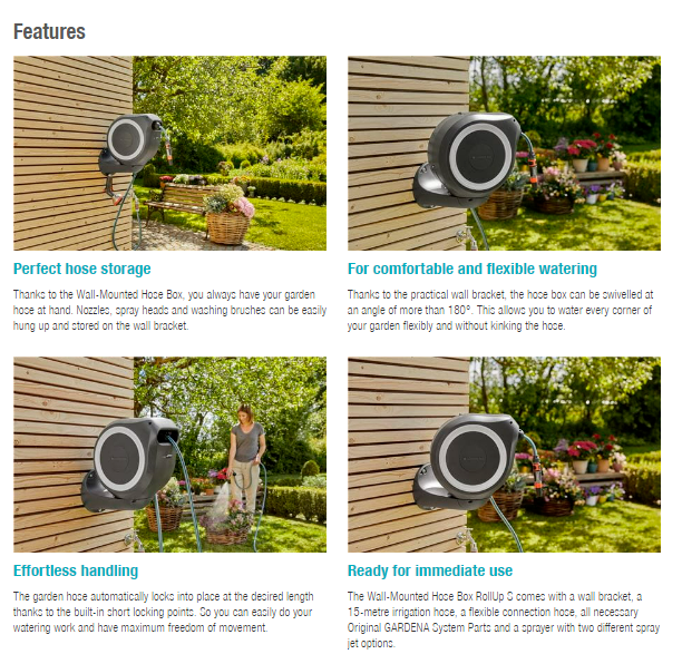 Gardena Wall-Mounted Hose Box RollUp S, 15m Garden Plus