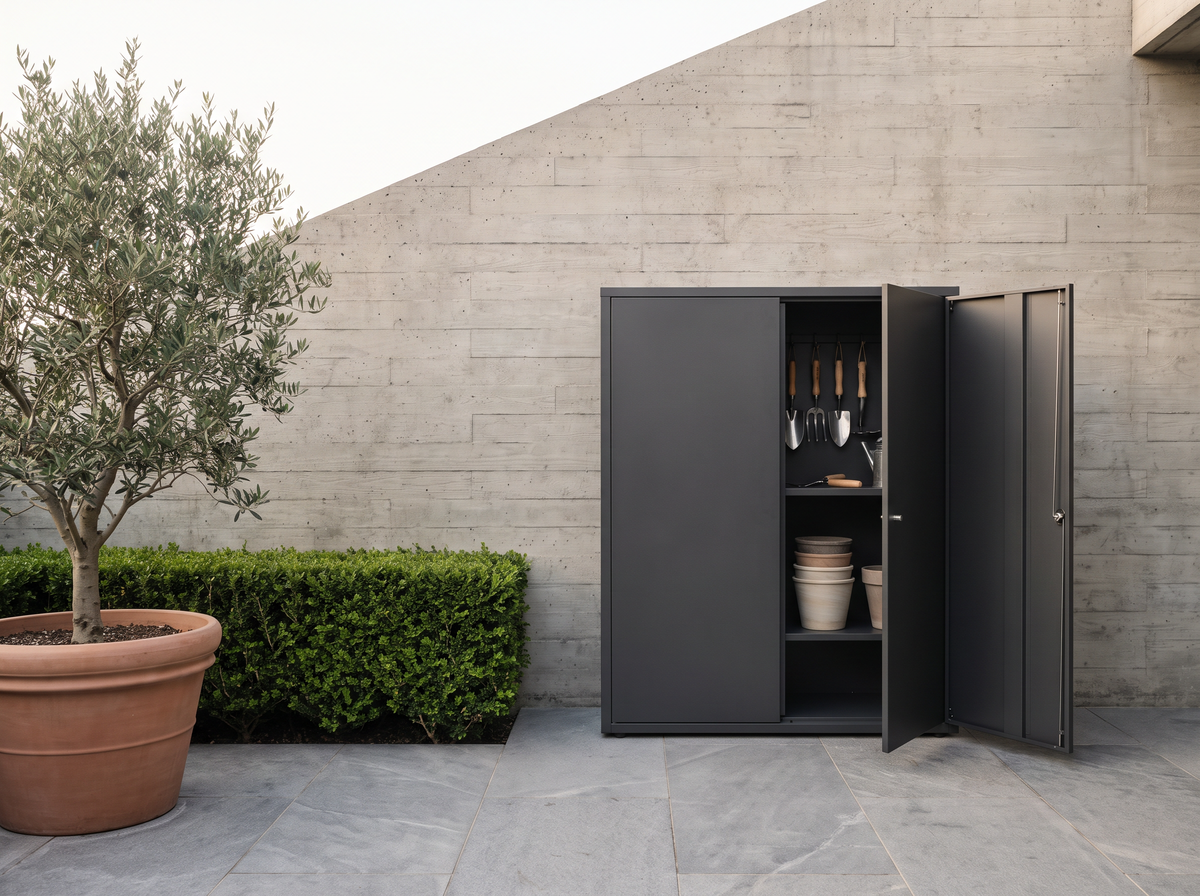 Outdoor garden storage cabinet against a concrete wall on a Hong Kong garden terrace