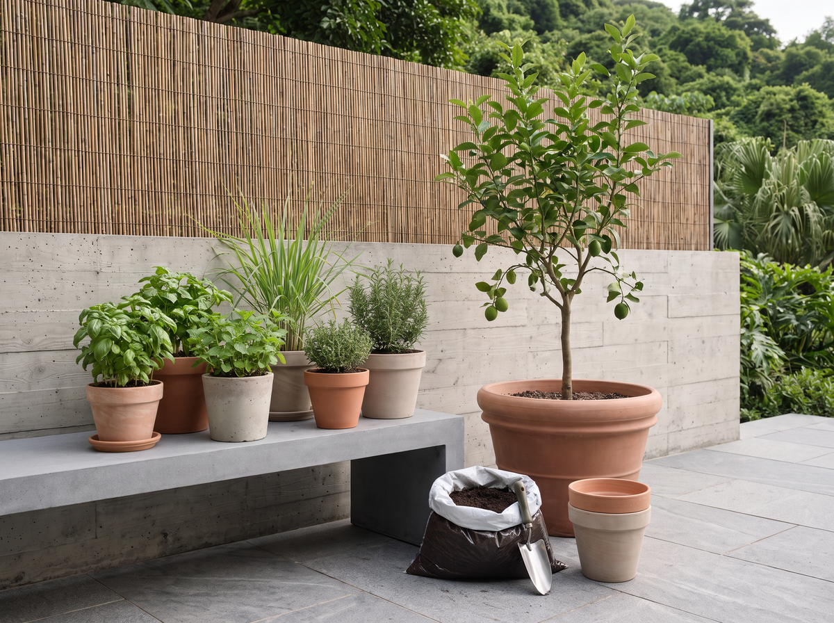 Herbs, potting soil and terracotta pots in a Hong Kong home garden