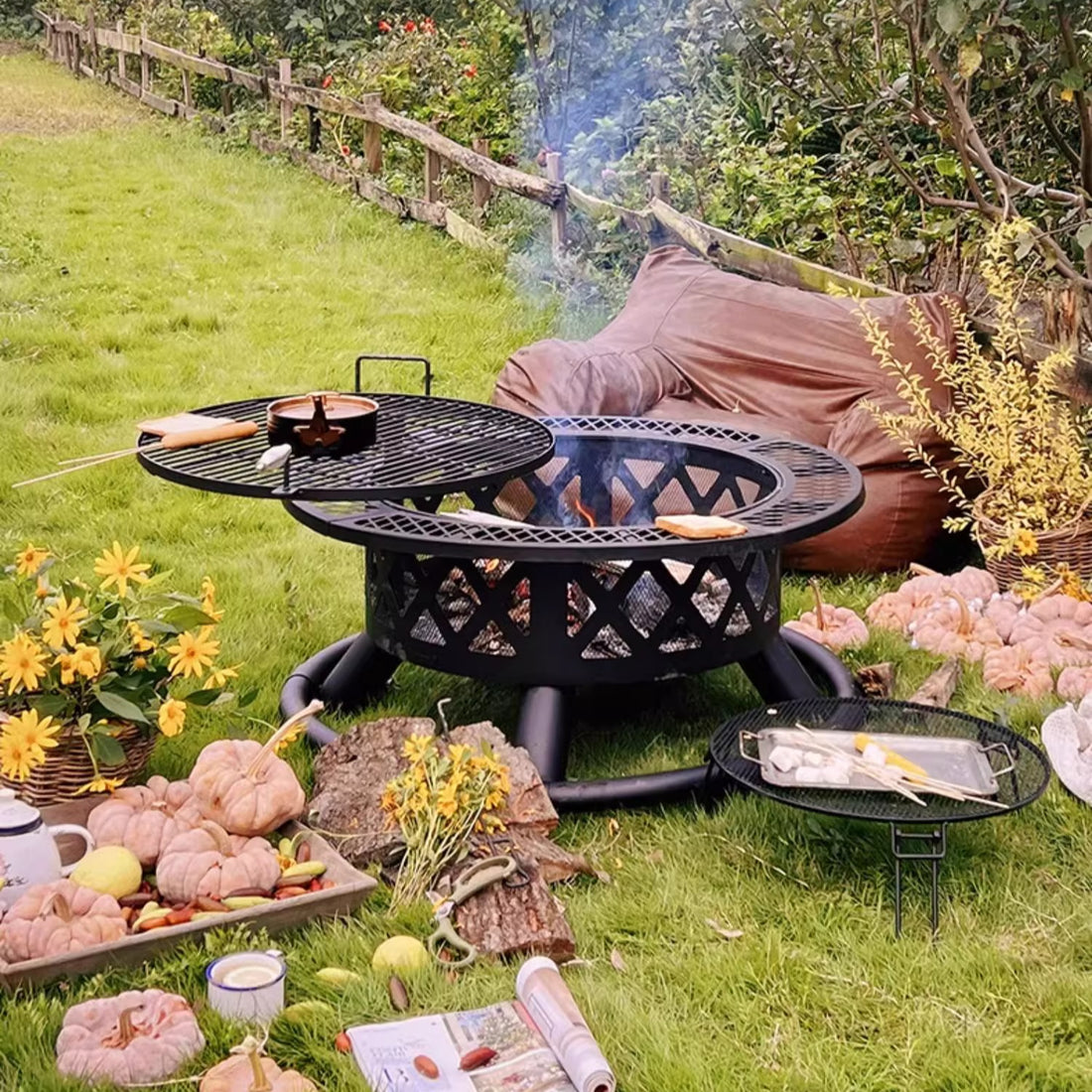 Outdoor American Barbecue Grill Table & Charcoal Fire Pit