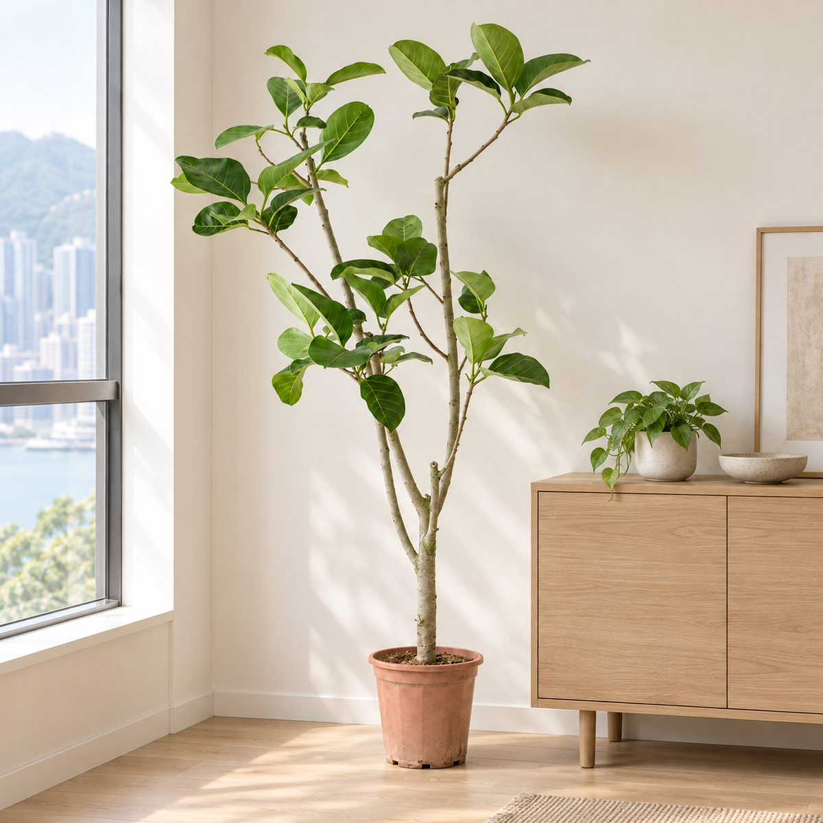 Ficus altissima beside a low cabinet in window light