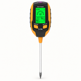 S-3A digital soil tester with a green LCD display, yellow grips and a metal probe on a white background