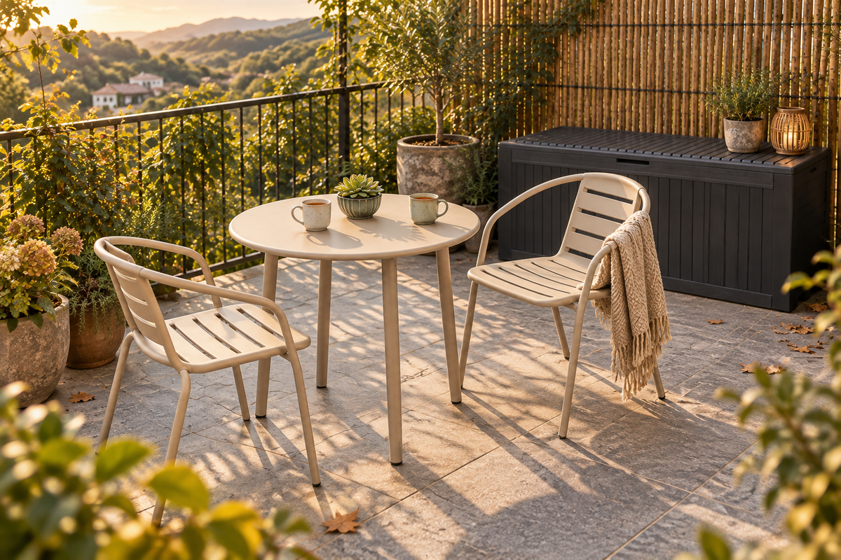 A sunlit terrace with a beige dining set for two, outdoor storage and bamboo screening.