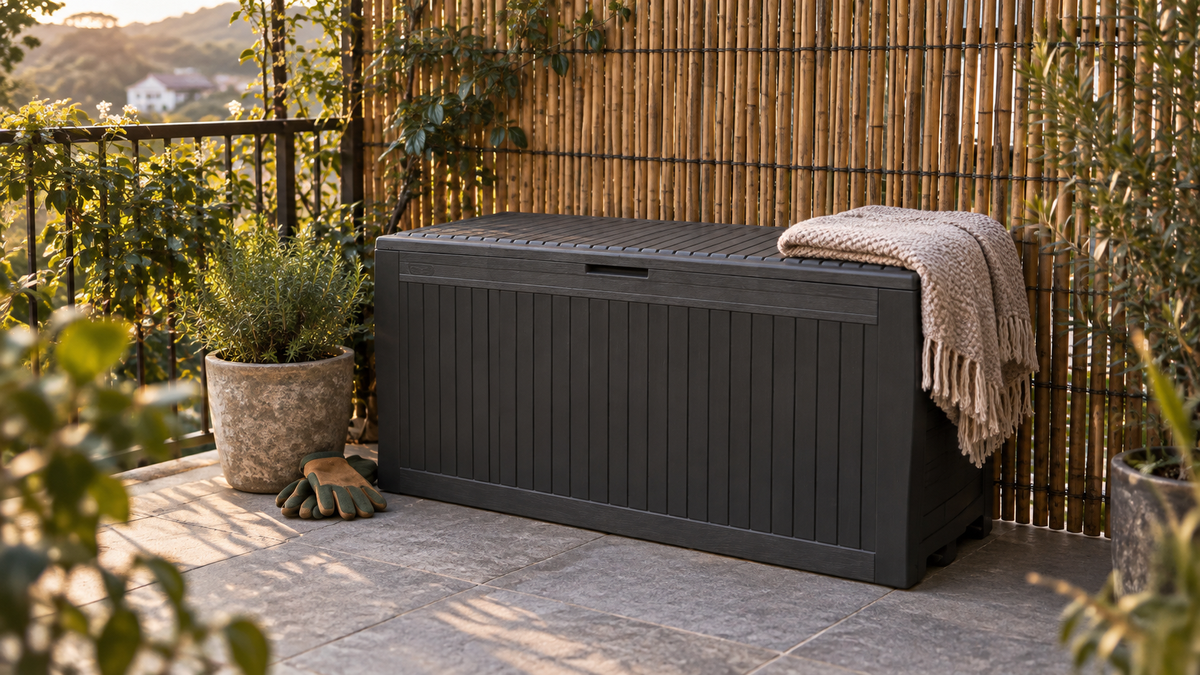 
A charcoal outdoor storage box with bamboo screening, greenery and a woven throw in low autumn light.