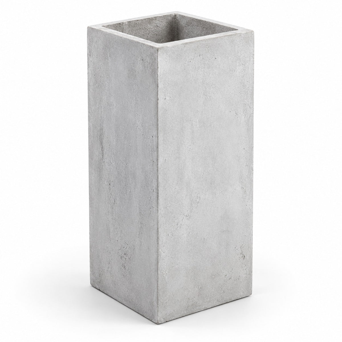 Tall square grey cement planter on white background