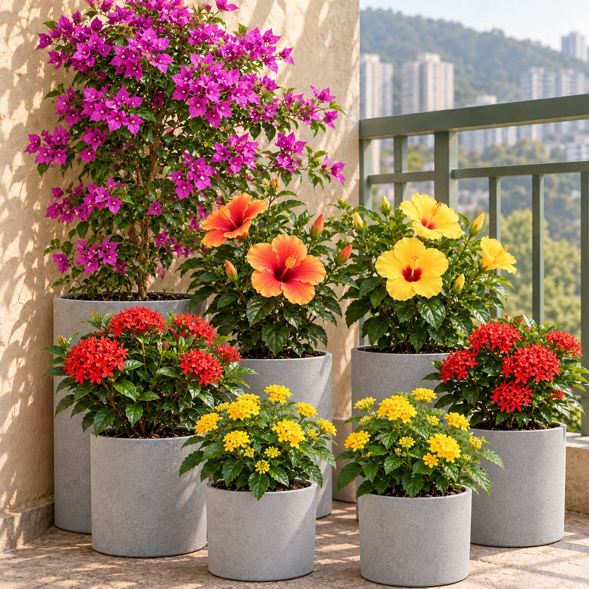 
Seven balcony plants: bougainvillea, hibiscus, ixora and lantana