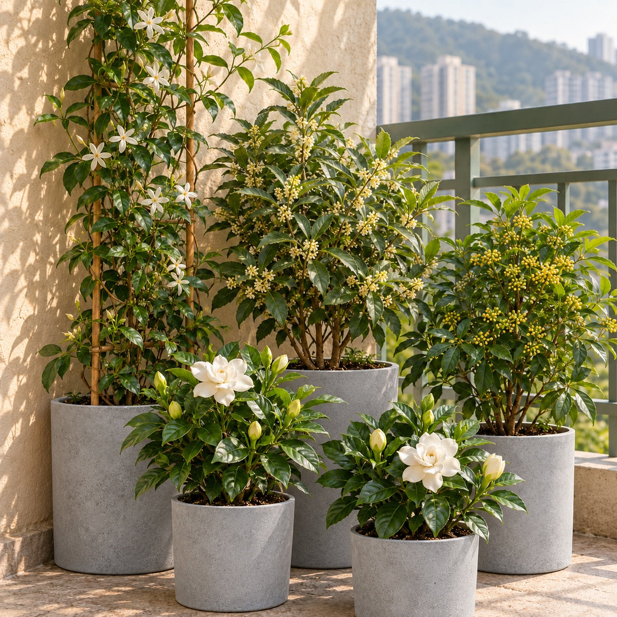
Five fragrant potted plants in a sunlit balcony corner