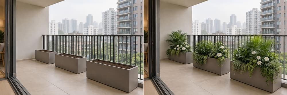 Balcony planting concept, before and after styling