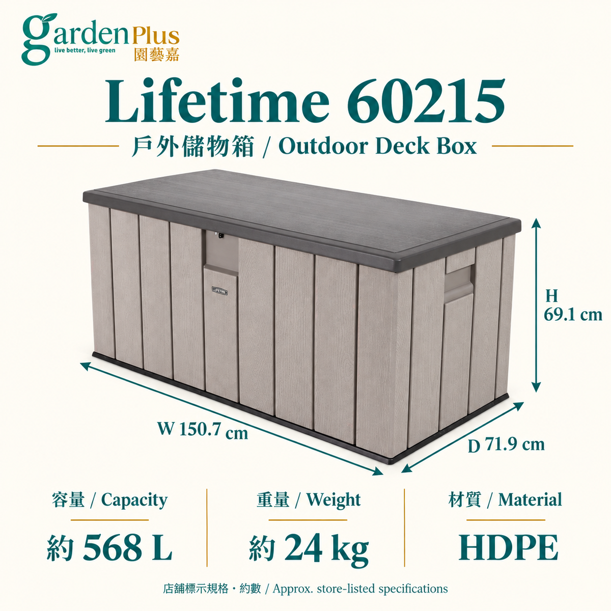 Lifetime 60215 尺寸、容量及重量；店舖標示約數