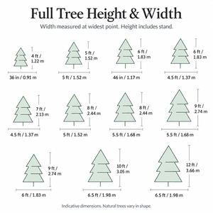Full tree height and width guide in feet, inches and metres