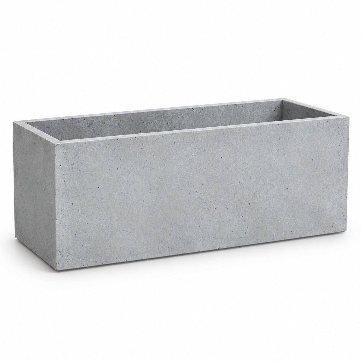 Grey rectangular cement planter on a white studio background