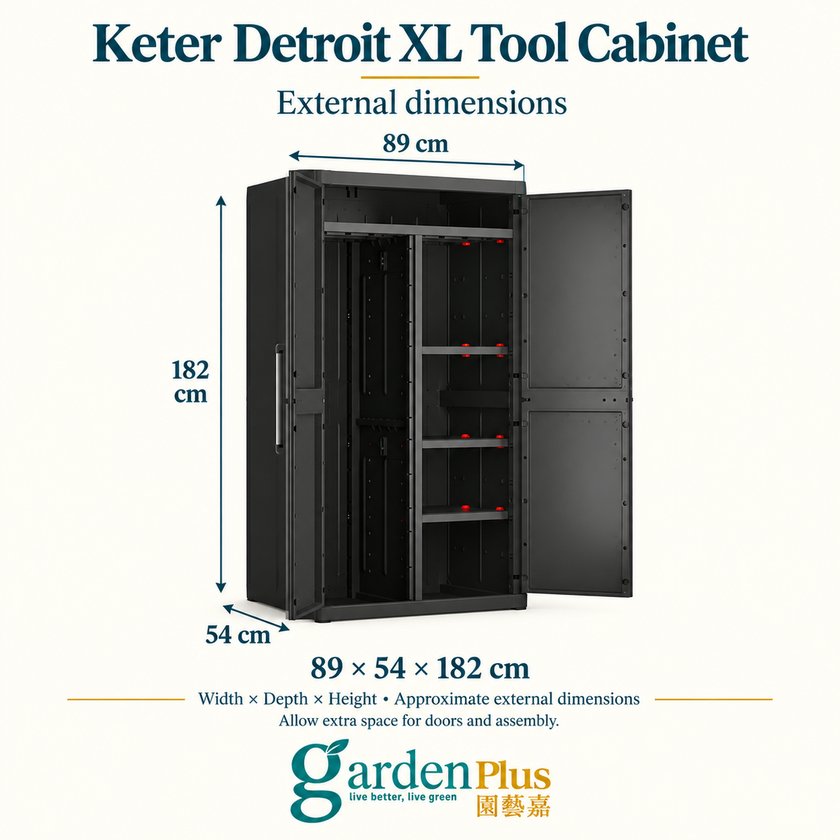 Keter Detroit XL Long-Tool Cabinet — Garden Plus dimension guide. W × D × H: 89 × 54 × 182 cm