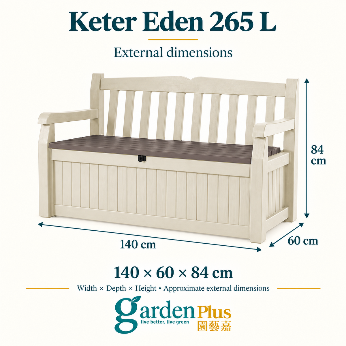 Keter Eden 265 L Storage Bench — Beige — Garden Plus dimension guide. W × D × H: 140 × 60 × 84 cm