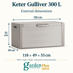 Keter Gulliver 300 L Storage Box — Garden Plus dimension guide. W × D × H: 118 × 49 × 55 cm