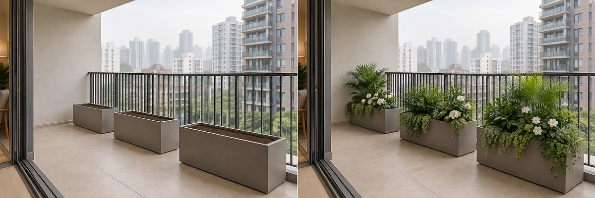 Balcony planting concept, before and after styling