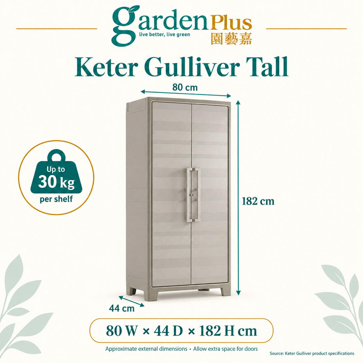 Keter Gulliver Tall external dimensions: 80 W × 44 D × 182 H cm; up to 30 kg per shelf