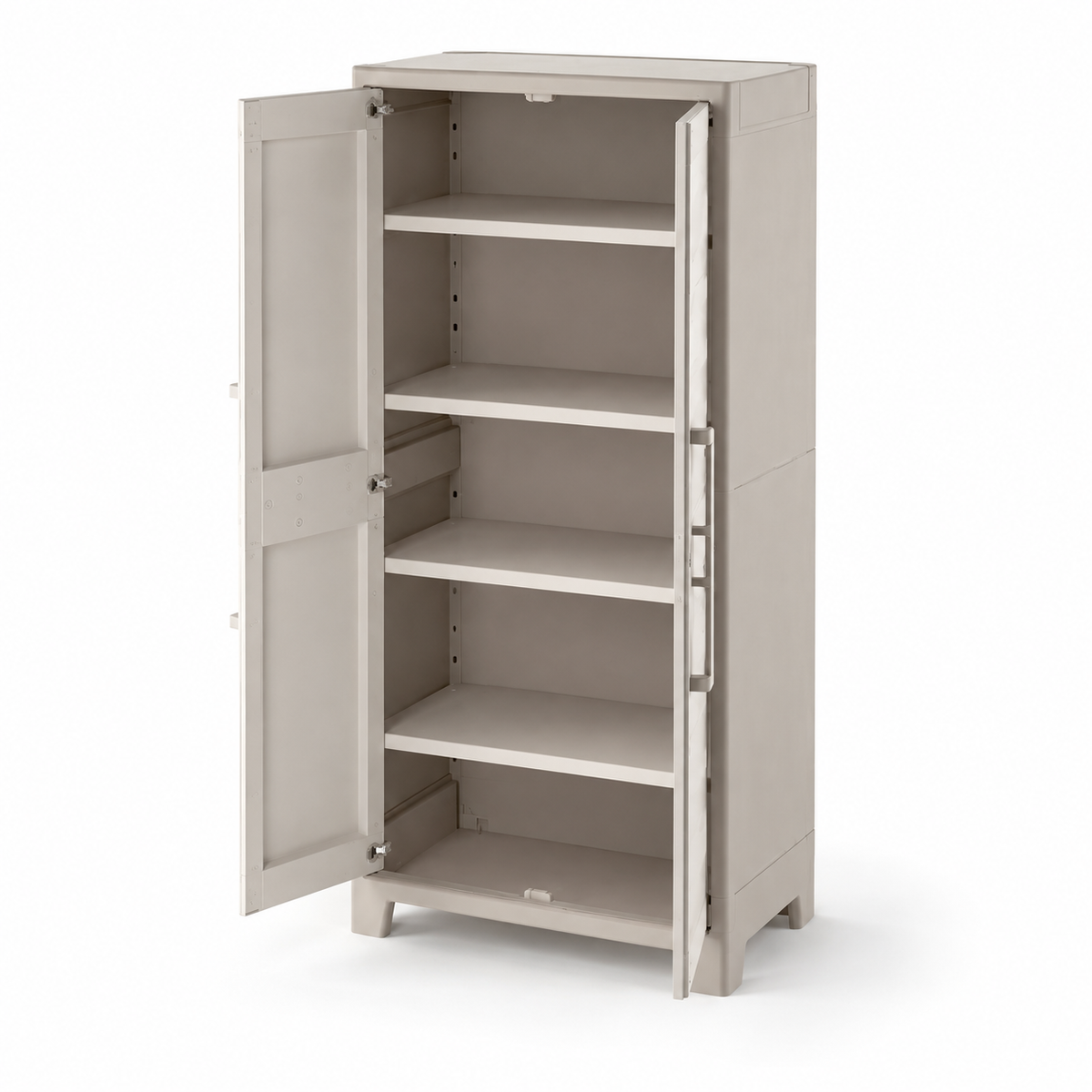 Keter Gulliver Tall cabinet open, showing four adjustable shelves