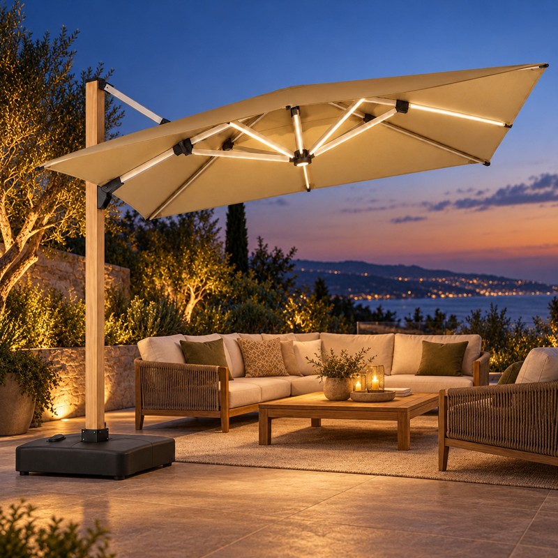 KYT Flagship Solar LED Cantilever Umbrella - evening scene