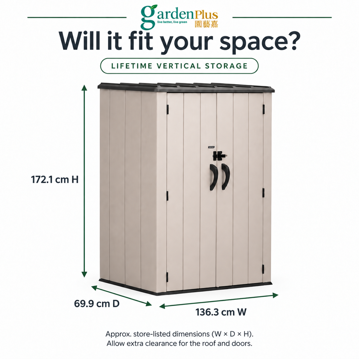 Approximate store-listed cabinet dimensions: 136.3 cm wide, 69.9 cm deep and 172.1 cm high.