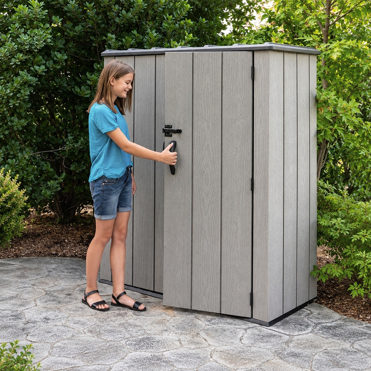Grey Lifetime vertical outdoor cabinet in a garden setting, square view.