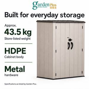 Approximate store-listed weight 43.5 kg, HDPE cabinet body and metal hardware.