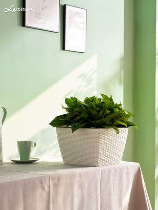 Leizisure Self-Watering Planter Low-Trapezoid Rattan Style Flowerpot