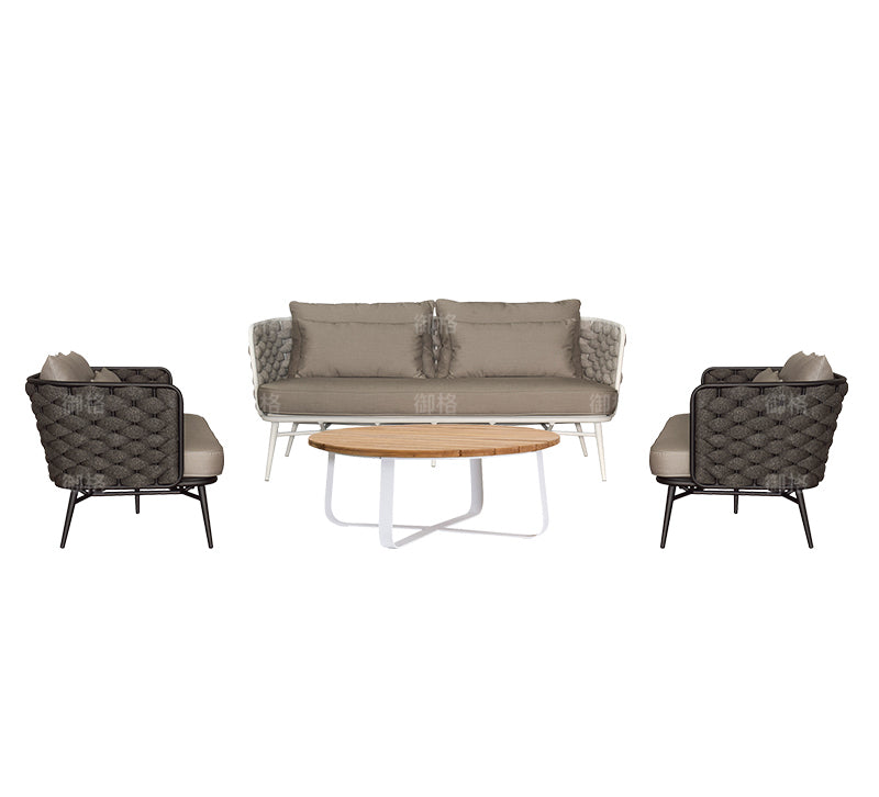 Rattan Sofa and Chair with Teak Tea Table Garden Plus